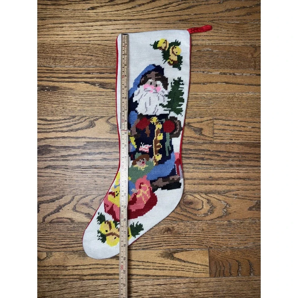 Vintage Needlepoint Christmas Santa Toys Stocking Red Velvet Left Hanging